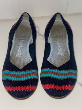 Rothy's Navy Ribbon Stripe Merino flats horizontal teal and red stripes Size 8